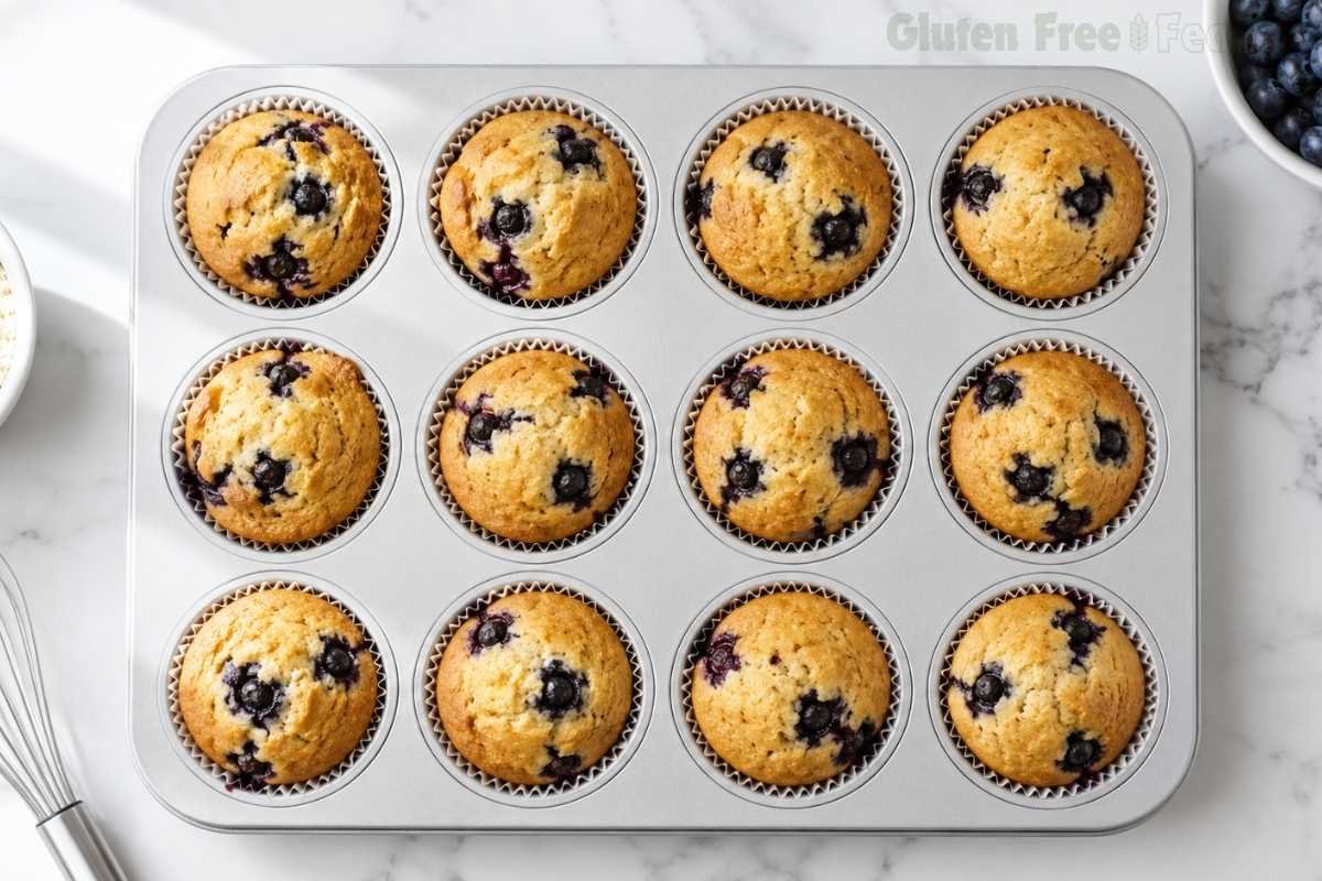 Overhead shot of 12 freshly baked gluten-free blueberry muffins in a muffin pan with tall golden-brown domed tops and burst blueberries, just out of the oven on a white marble countertop