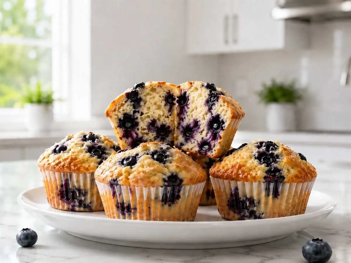 Four gluten-free blueberry muffins on a white ceramic plate in a bright kitchen, one split open to reveal the soft moist crumb evenly studded with whole blueberries, with loose blueberries on the marble countertop