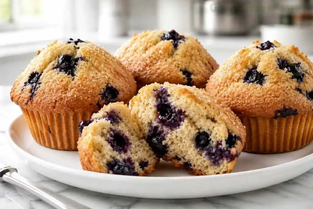 gluten free blueberry muffins with tall golden bakery dome and soft crumb showing juicy blueberries celiac safe
