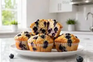 Gluten Free Blueberry Muffins (Soft, Tall Bakery Tops) Four soft gluten-free blueberry muffins with tall domed bakery tops on a white ceramic plate, one split open to reveal a moist fluffy crumb packed with whole blueberries, on a white marble countertop