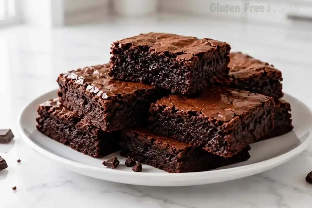 Stack of fudgy gluten free brownies with crackly tops and dense chocolate centers on a white plate, chocolate pieces scattered around