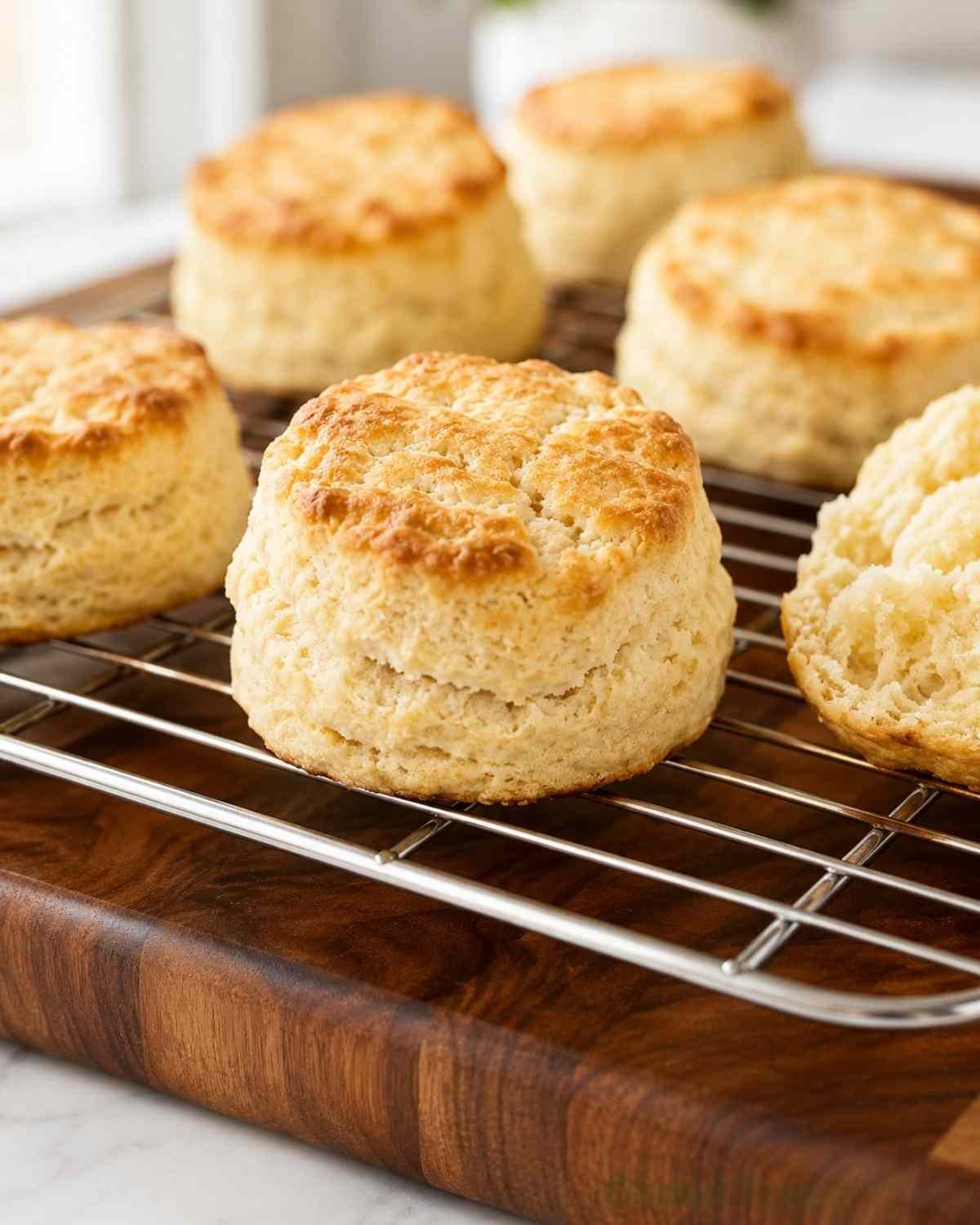 Gluten free buttermilk biscuits tall and golden on a wire rack over a wooden board showing the flaky layers of this celiac safe recipe