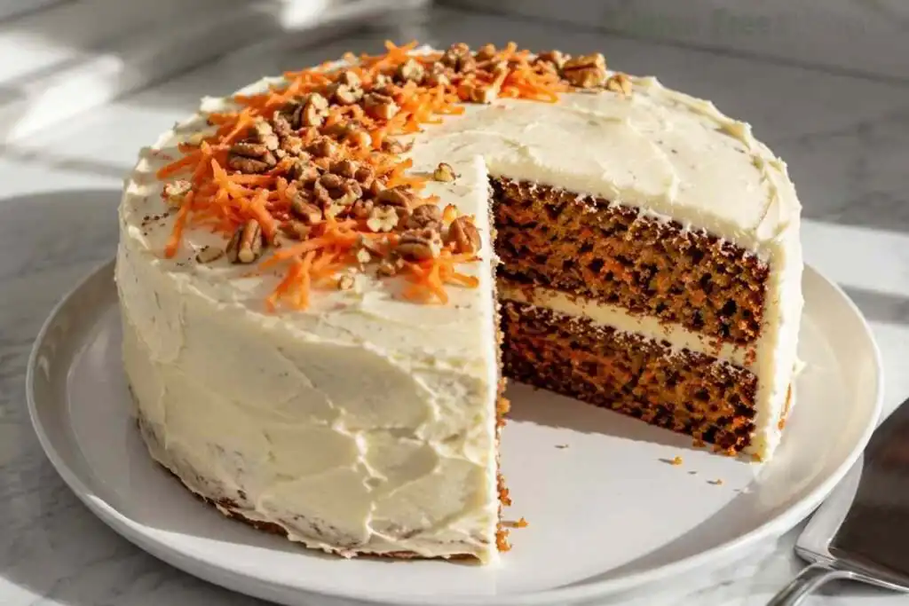 Two-layer gluten free carrot cake with cream cheese frosting, shredded carrots, and chopped pecans on top, one slice removed to show spiced layers