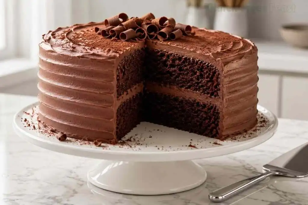 Two-layer gluten free chocolate cake with chocolate buttercream frosting and chocolate curls on top, one slice removed to show moist dark crumb