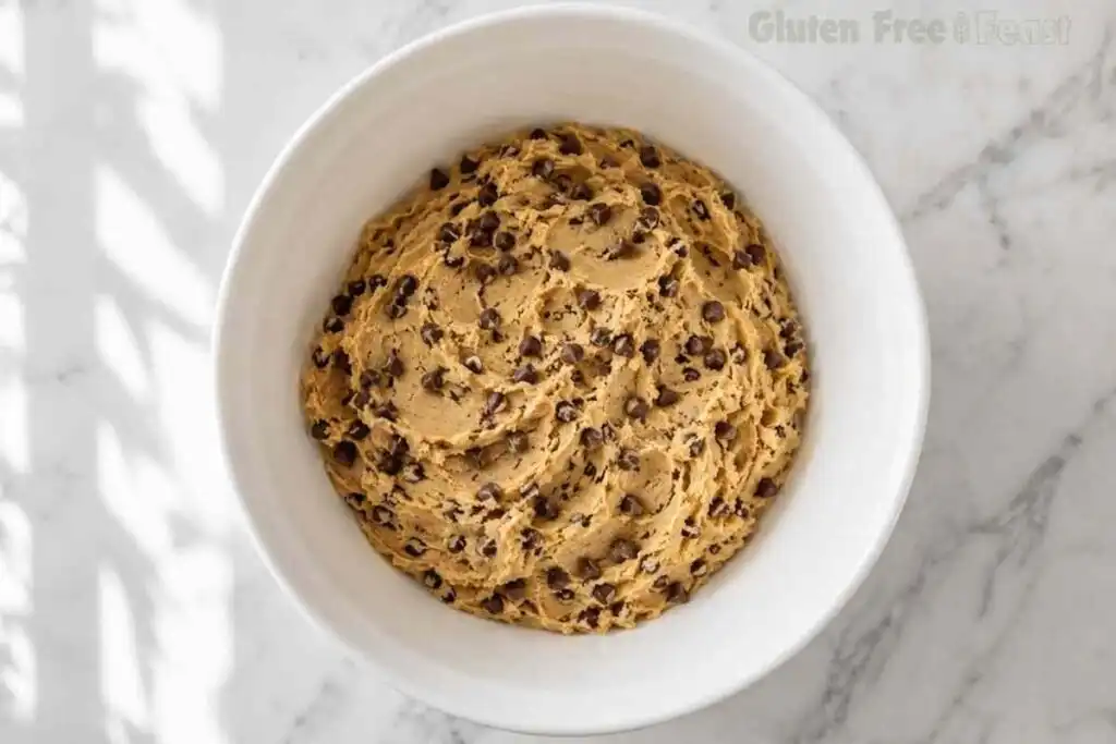 Finished gluten free chocolate chip cookie dough studded with mini chocolate chips, resting in a white bowl