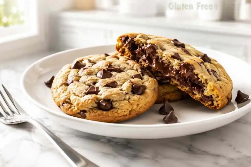 Chewy gluten free chocolate chip cookies on a white plate, one broken open to show a gooey melted chocolate center