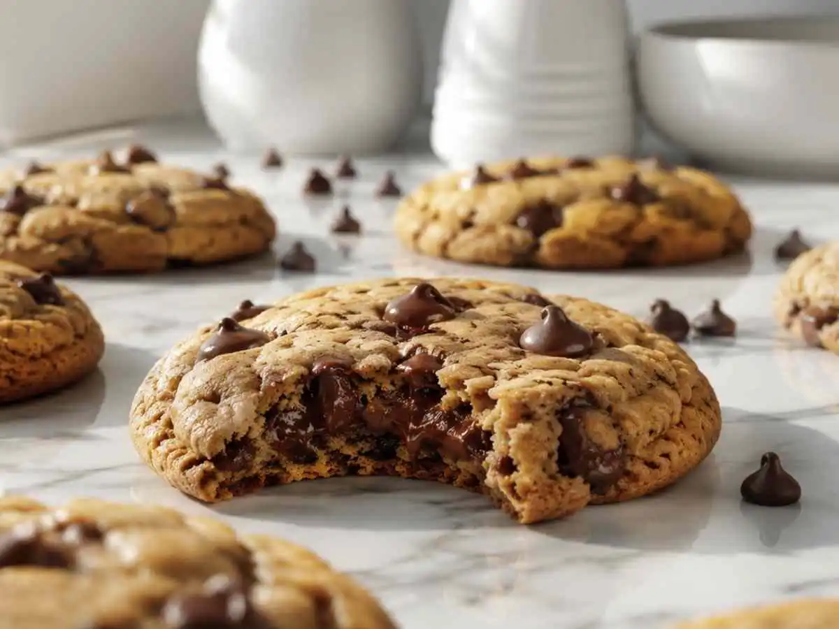 Close-up of a gluten free chocolate chip cookie broken open showing gooey melted chocolate and crisp edges, surrounded by more cookies