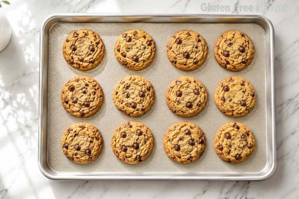 Twelve baked gluten free chocolate chip cookies on a silicone-lined baking sheet, golden and evenly spaced