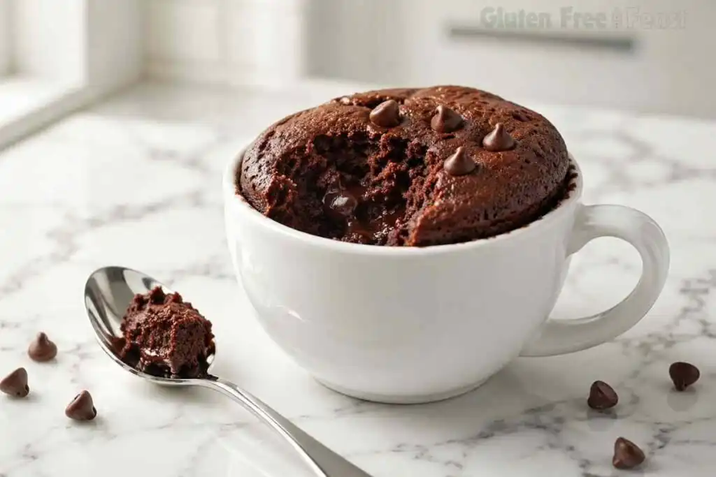 Gluten free chocolate mug cake risen above a white mug with melted chocolate chips on top, spoon resting beside it on a marble counter