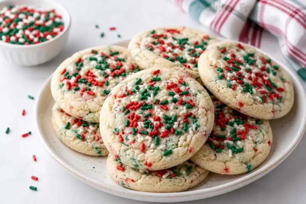 Plate of gluten free Christmas cookies with red green and white sprinkles on a white surface