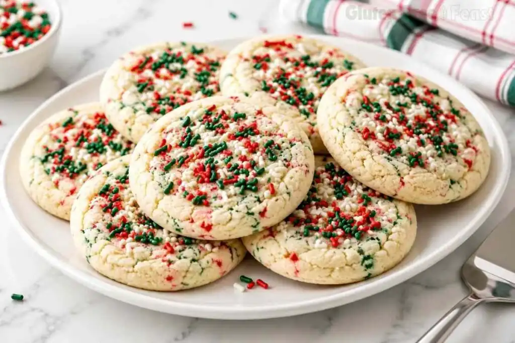 Soft gluten free christmas cookies loaded with red, green, and white sprinkles piled on a white plate with a festive plaid napkin