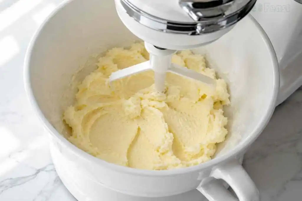 Creamed butter and sugar in a stand mixer bowl for gluten free Christmas cookies