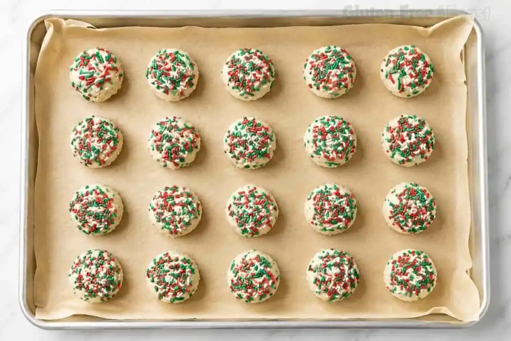 Gluten free Christmas cookie dough balls arranged on a parchment lined baking sheet before baking