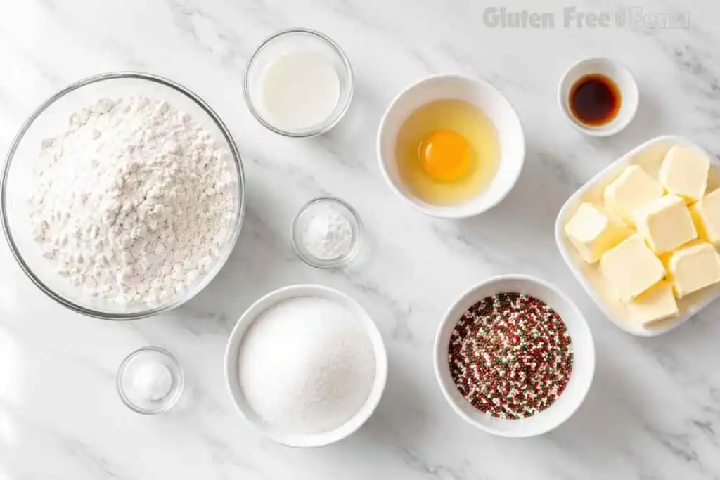 Overhead flatlay of gluten free Christmas cookie ingredients on a marble surface