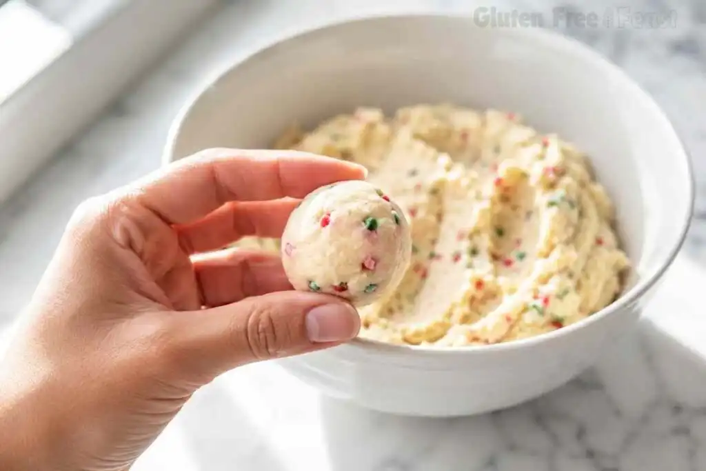 Hand holding a rolled gluten free Christmas cookie dough ball with sprinkles visible