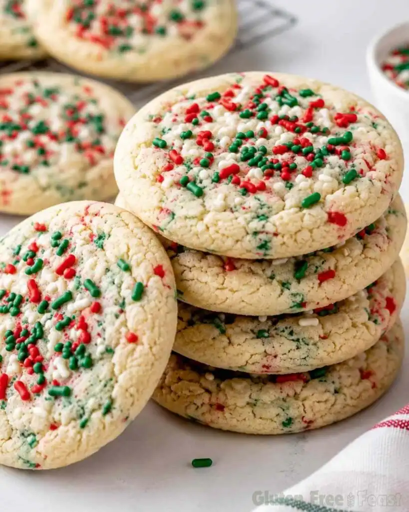 Stack of gluten free Christmas cookies with red green and white sprinkles on a white surface