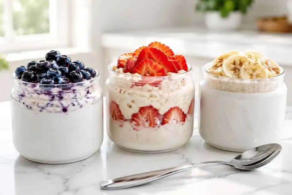 gluten free overnight oats three easy flavors blueberry strawberry and banana in glass jars celiac safe