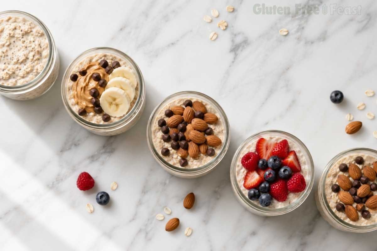 Overhead view of multiple mason jars of gluten free overnight oats with different toppings including peanut butter banana, almonds with chocolate chips and fresh berries