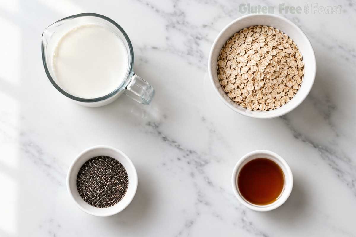 Overhead flat lay of gluten free overnight oat base ingredients in white bowls including rolled oats, milk, chia seeds and maple syrup on marble