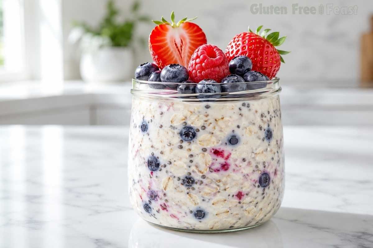 Single glass jar of gluten free berries and cream overnight oats topped with fresh mixed berries on a bright marble countertop