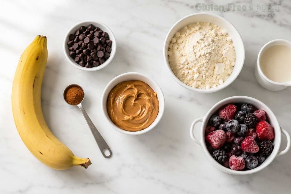 Overhead flat lay of gluten free overnight oats flavor variation ingredients including banana, chocolate chips, peanut butter, cinnamon, protein powder and frozen berries