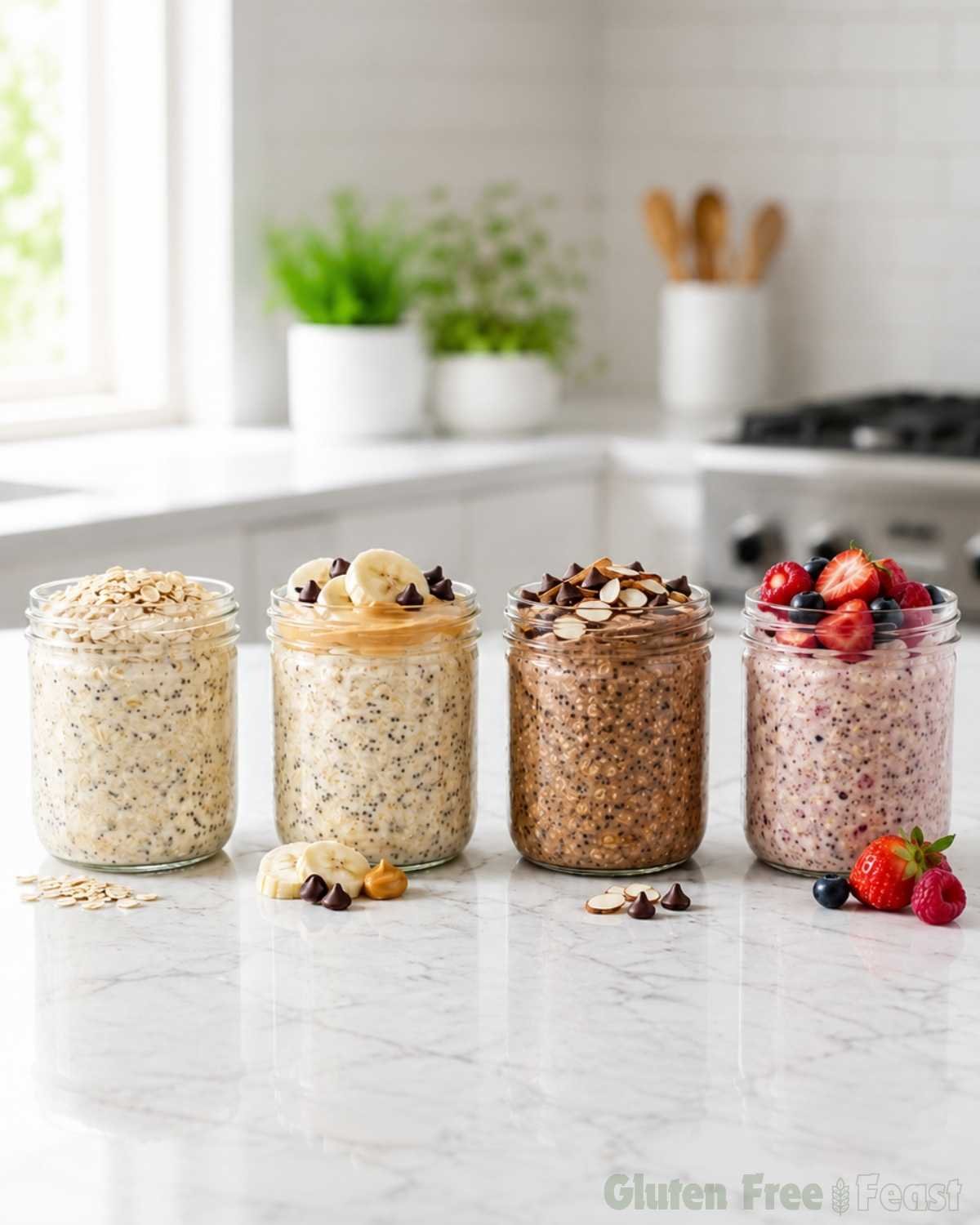 Four glass jars of gluten free overnight oats in different flavors on a marble countertop including base, chunky monkey, almond joy and berries and cream