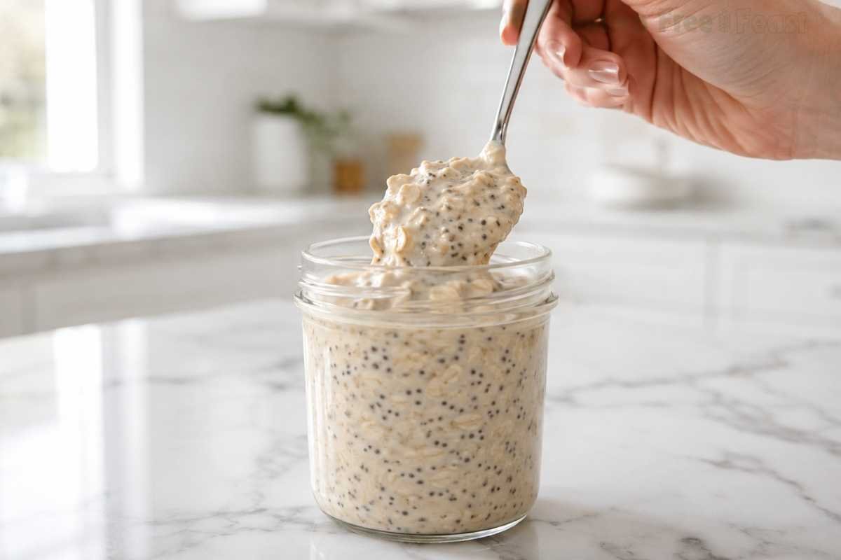Hand lifting a spoon from a mason jar to show the thick creamy texture of gluten free overnight oats after refrigerating overnight
