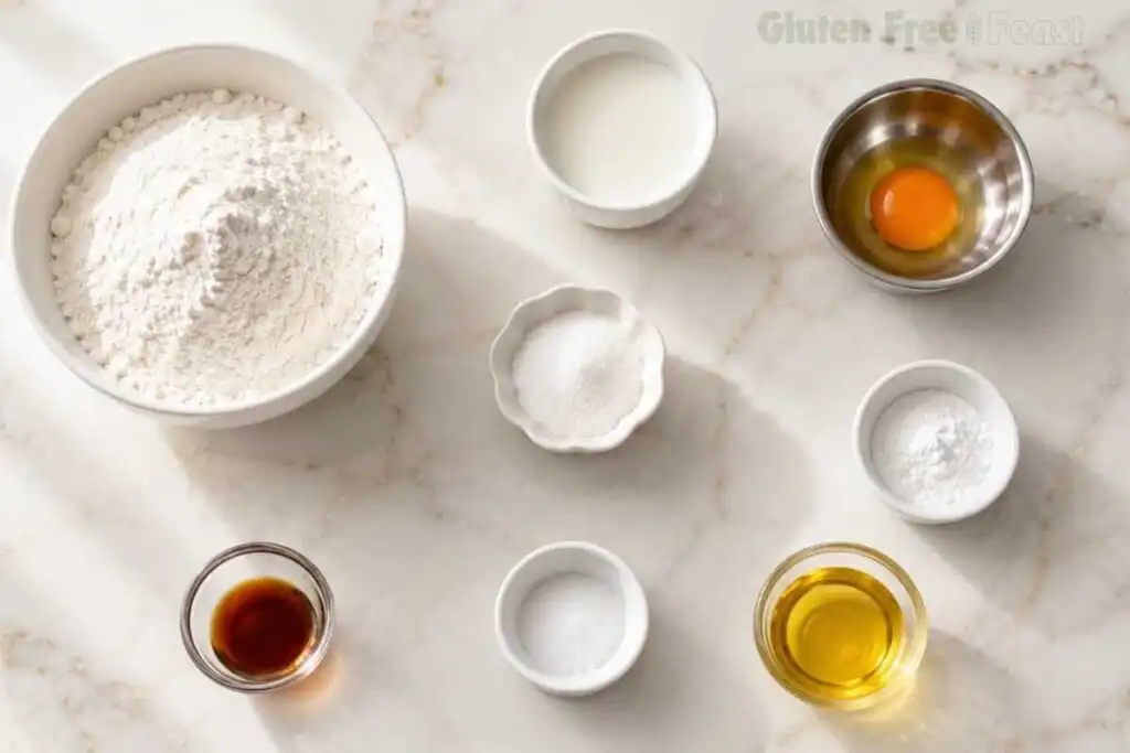 Flatlay of certified gluten-free pancake ingredients including 1:1 flour blend, baking powder, egg, milk, and melted butter on a marble counter.