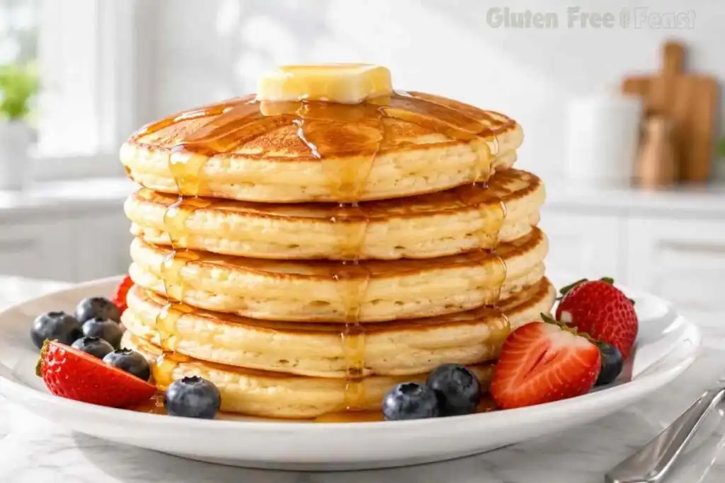 fluffy gluten free pancakes golden tall stack with butter maple syrup and fresh berries celiac safe