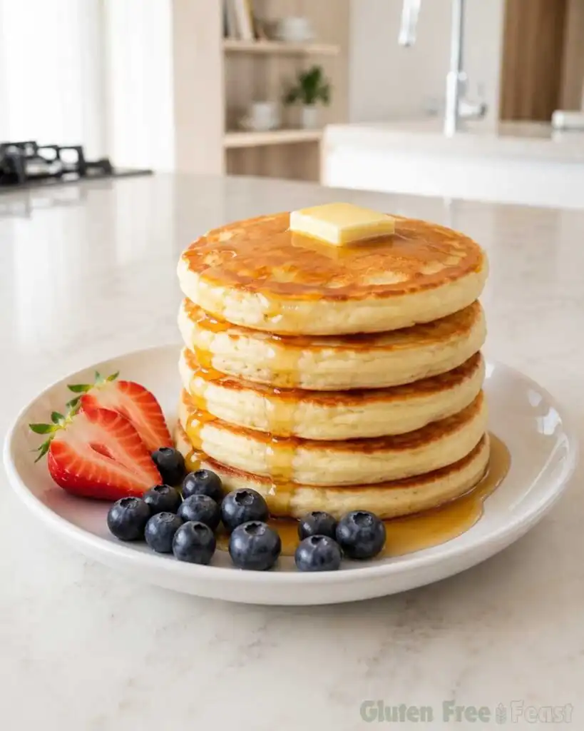 Pure maple syrup dripping down a tall stack of fluffy gluten-free pancakes topped with butter and fresh berries.