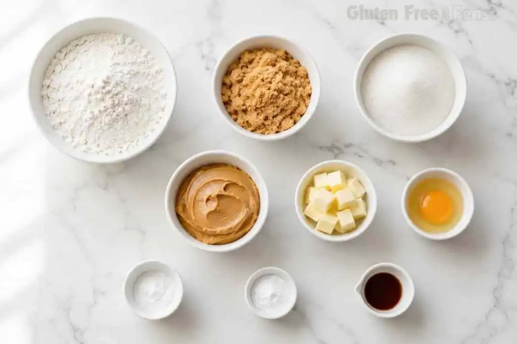 Overhead flat lay of gluten free peanut butter cookie ingredients in white bowls on marble: certified GF flour, brown sugar, granulated sugar, non-separating peanut butter, softened butter, egg and molasses
