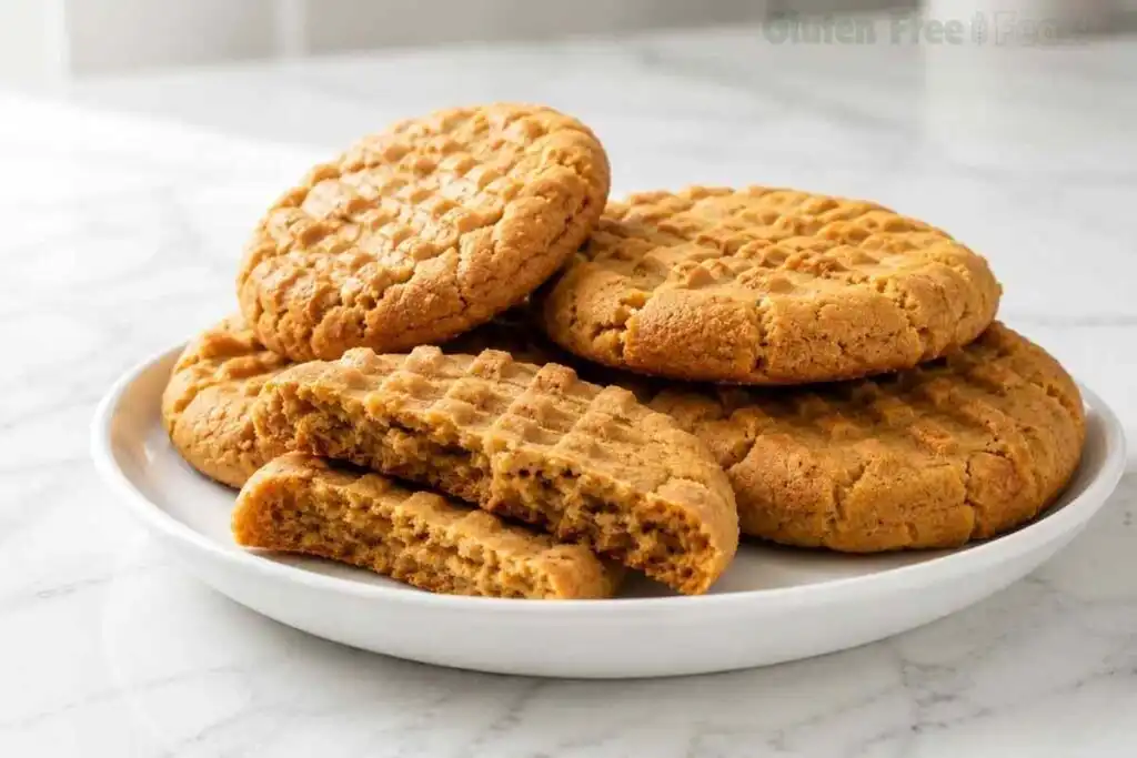 Stack of gluten free peanut butter cookies with classic crosshatch pattern on a white plate, one broken in half to show soft chewy center