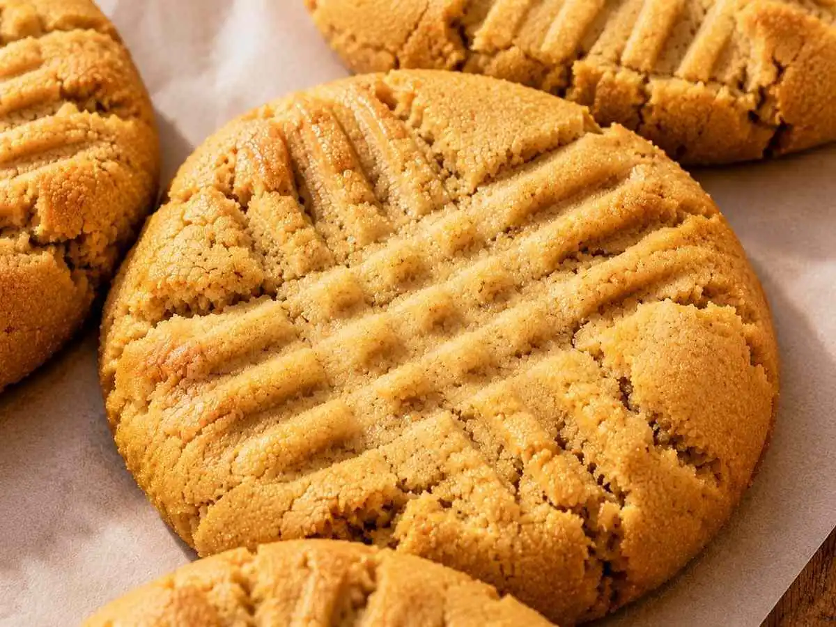 Close up angled shot of gluten free peanut butter cookie with golden fork cross-hatch pattern surrounded by more cookies on parchment showing soft chewy center and lightly crisp edge