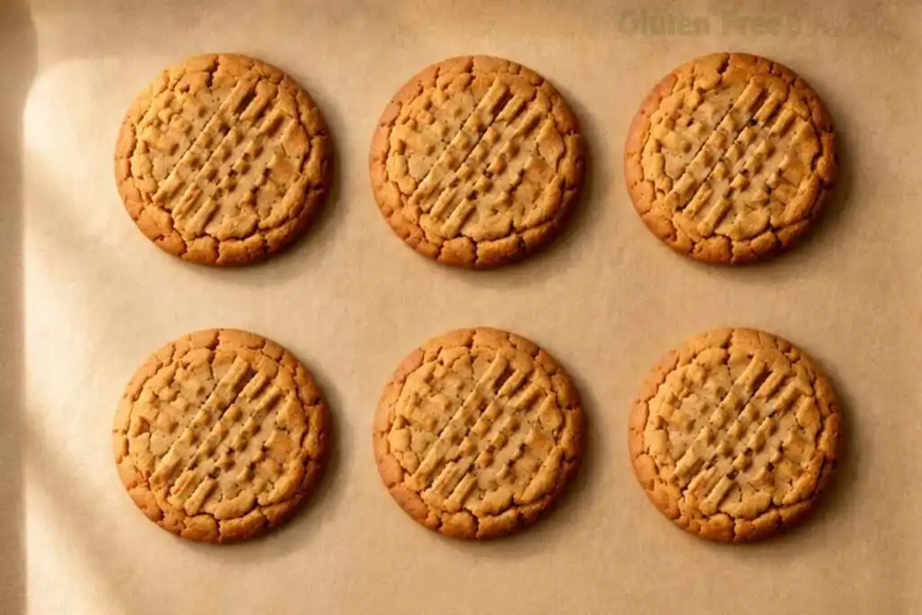 Six deeply golden gluten free peanut butter cookies overhead on parchment paper showing defined fork cross-hatch crisscross marks lightly crisp crinkled edges and soft centers