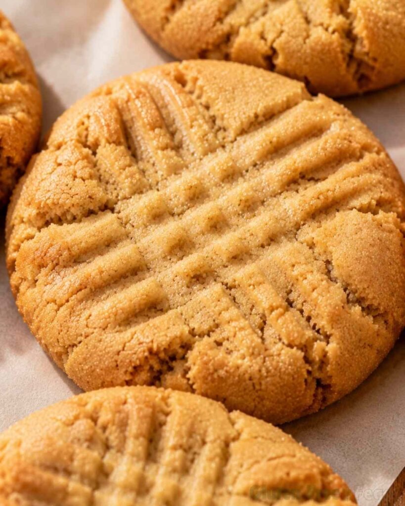 Hero close-up of gluten free peanut butter cookies piled on parchment paper showing golden fork cross-hatch pattern lightly crisp edges and unmistakably peanut buttery soft centers