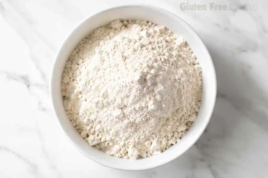 Overhead shot of certified gluten free all-purpose flour with xanthan gum in a large white ceramic bowl on marble as the dry ingredient base for gluten free peanut butter cookies
