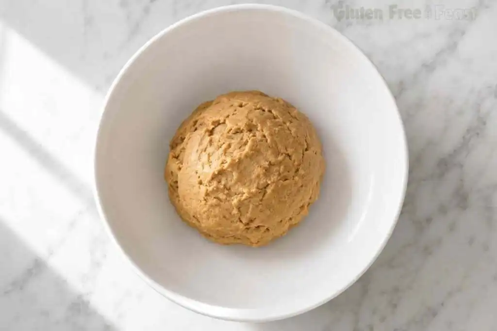 Firm gluten free peanut butter cookie dough ball after 30 minutes of refrigeration in a white ceramic bowl on marble ready to scoop into 1-tablespoon portions
