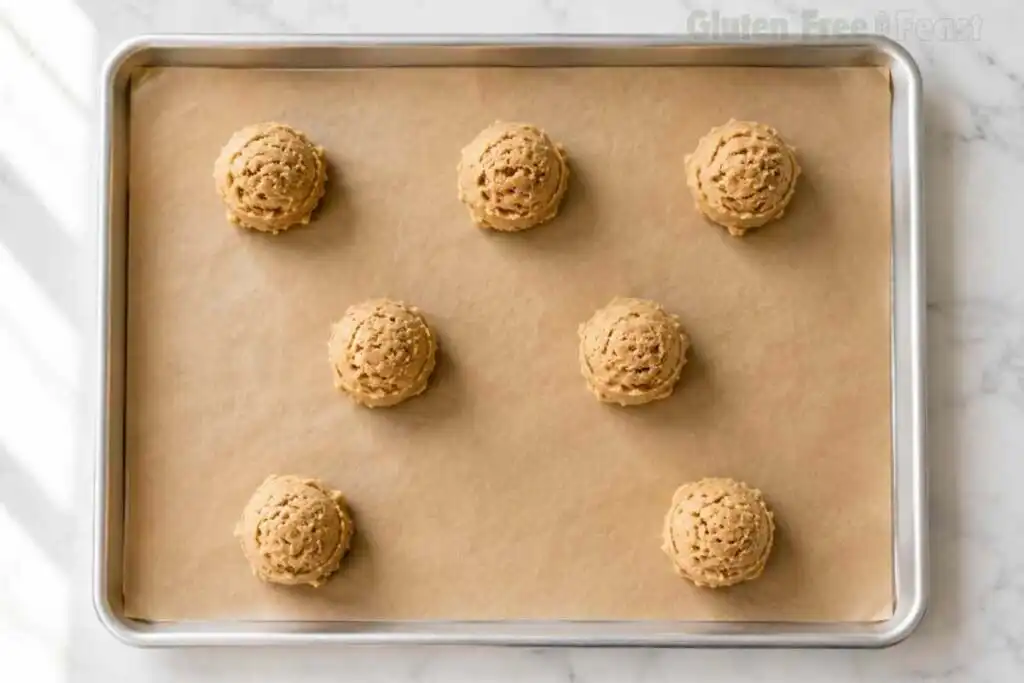 Eight gluten free peanut butter cookie dough balls scooped into 1-tablespoon portions and spaced 2 inches apart on a parchment lined silver baking sheet on marble ready to press with a fork