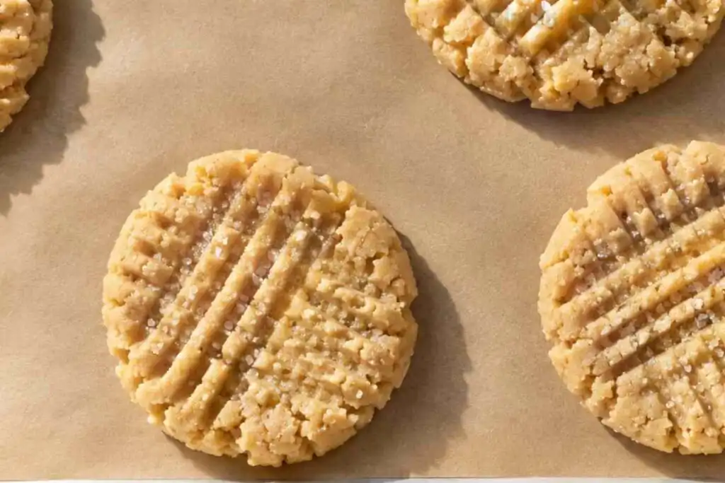 Unbaked gluten free peanut butter cookie dough discs with classic fork cross-hatch crisscross pattern and sugar crystals on parchment lined baking sheet ready to bake at 375F