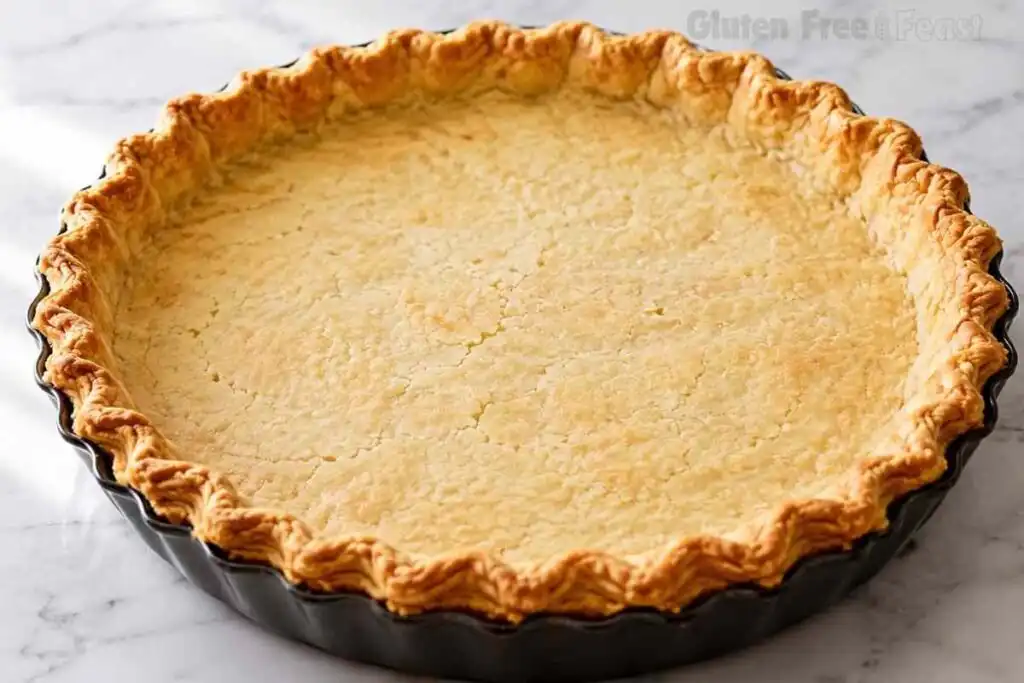 Blind-baked gluten free pie crust with golden crimped edges in a dark tart pan on a marble surface, ready to fill