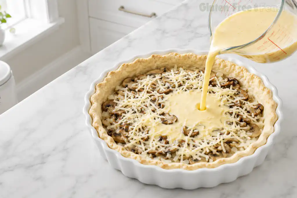 Egg and cream custard being poured from a glass measuring jug into an assembled gluten free quiche filled with mushrooms and Gruyere cheese
