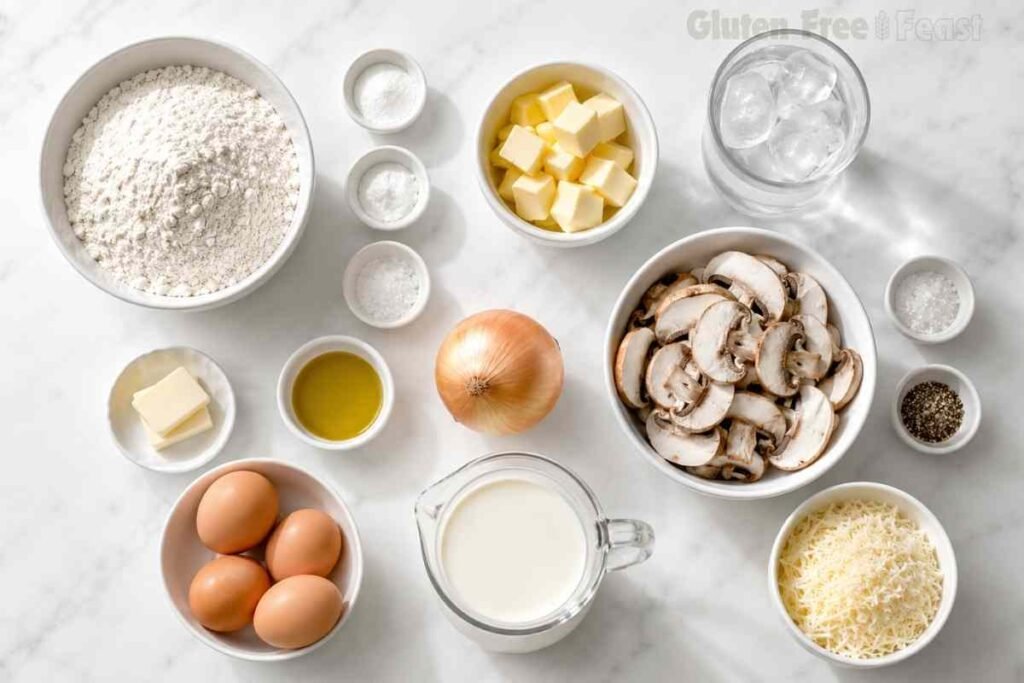 Gluten free quiche ingredients arranged on white marble, including flour, butter, eggs, mushrooms, onion, Gruyère cheese, half and half, olive oil, salt, pepper, baking powder, xanthan gum, and iced water.