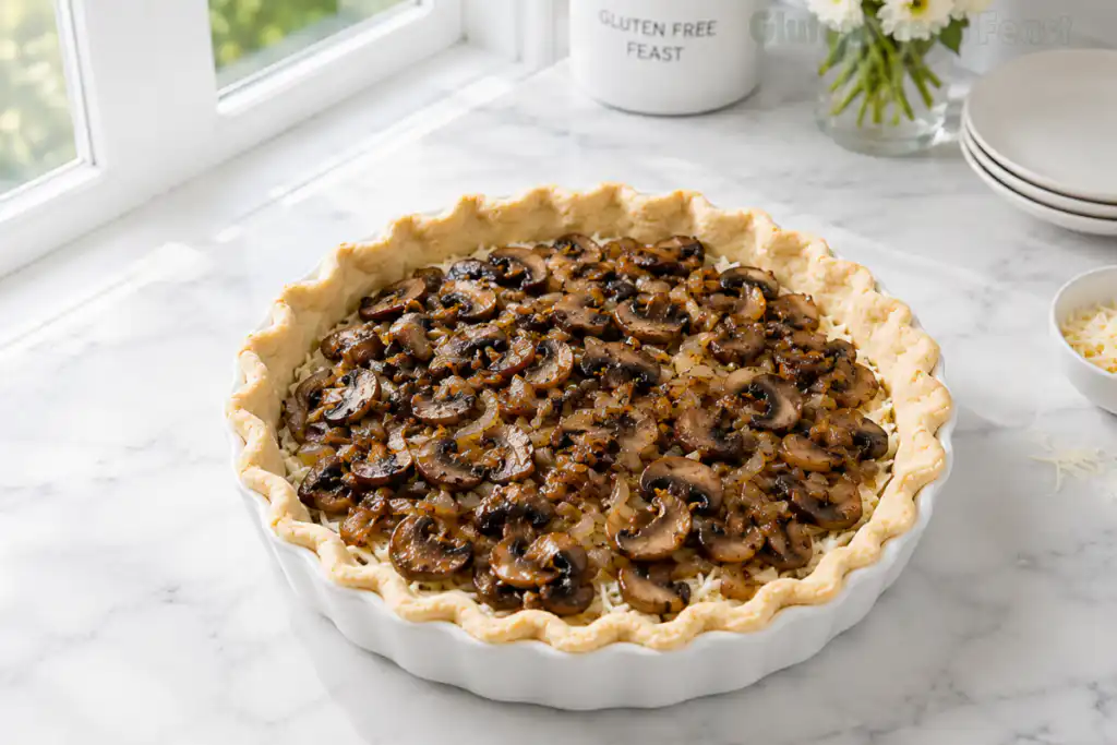 Sauteed mushrooms and caramelized onions layered over shredded Gruyere cheese in a parbaked gluten free quiche crust
