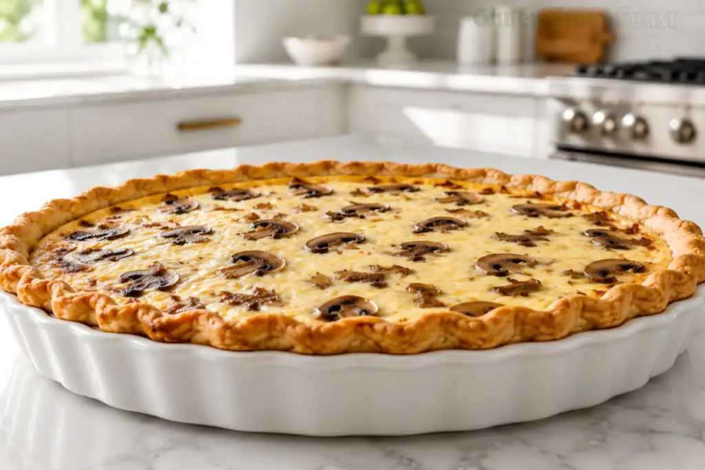 Side view of whole baked gluten free mushroom Gruyere quiche in white pie dish on marble kitchen counter with stove in background