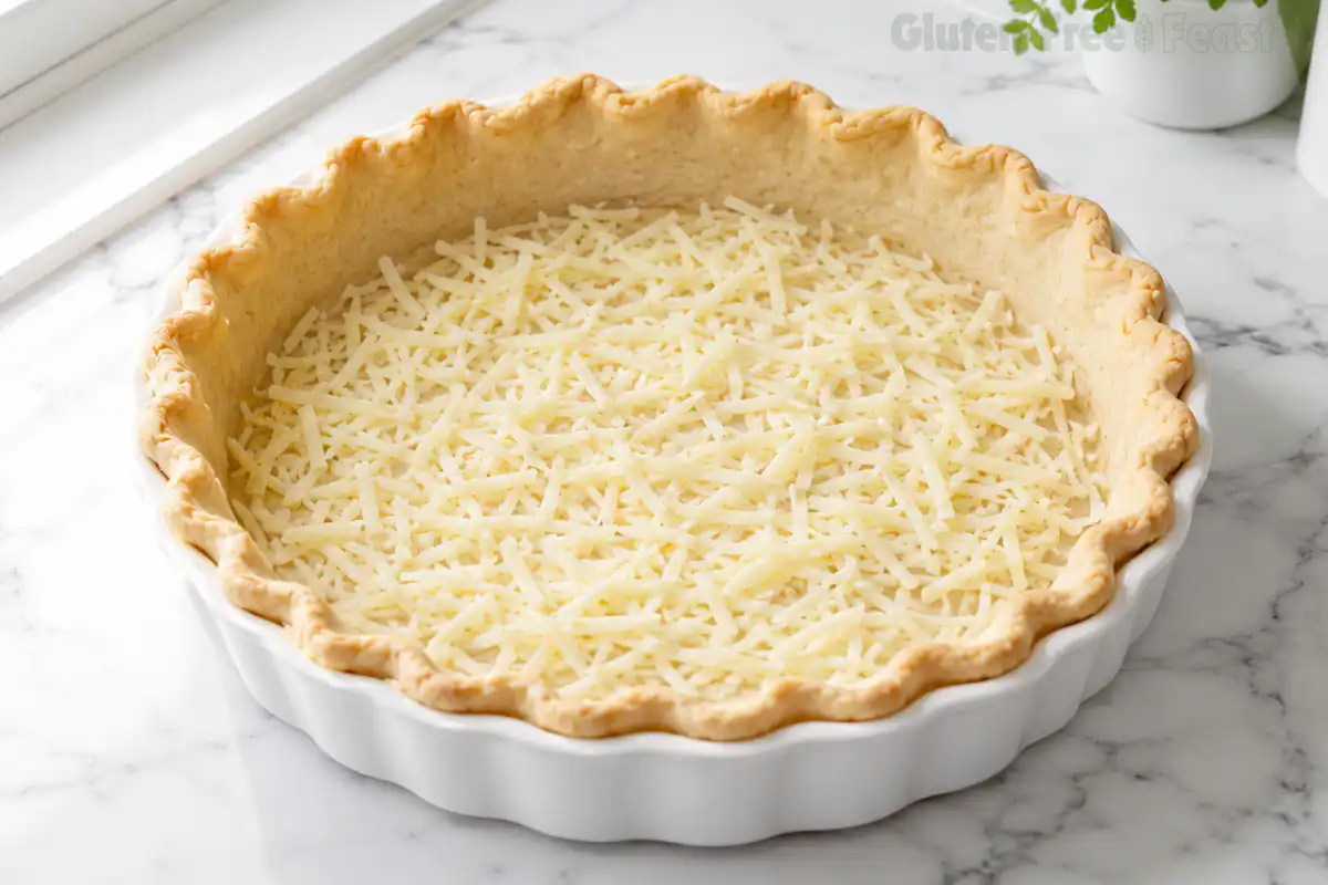 Gluten Free Quiche – First Cheese Layer in Parbaked Crust Parbaked gluten free quiche crust in white pie dish lined with the first layer of shredded Gruyere cheese