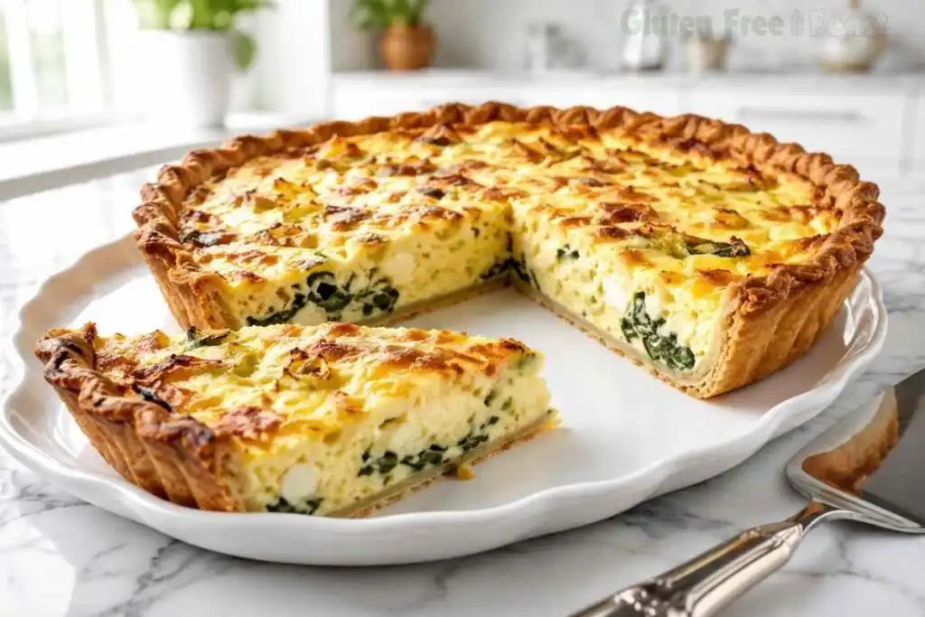 gluten free quiche recipe with golden flaky crust and creamy spinach egg filling slice cut celiac safe