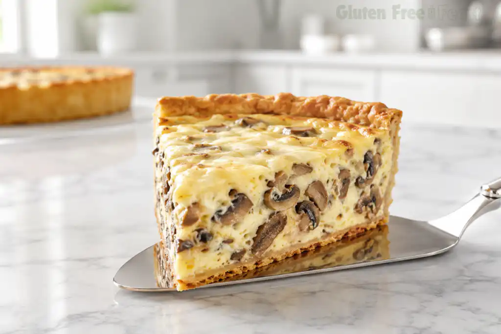 A slice of gluten free mushroom Gruyere quiche on a silver pie server showing the creamy set custard filling with the whole quiche in background