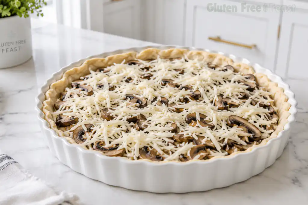 Shredded Gruyere cheese scattered on top of mushroom and onion filling in a gluten free quiche crust ready for custard