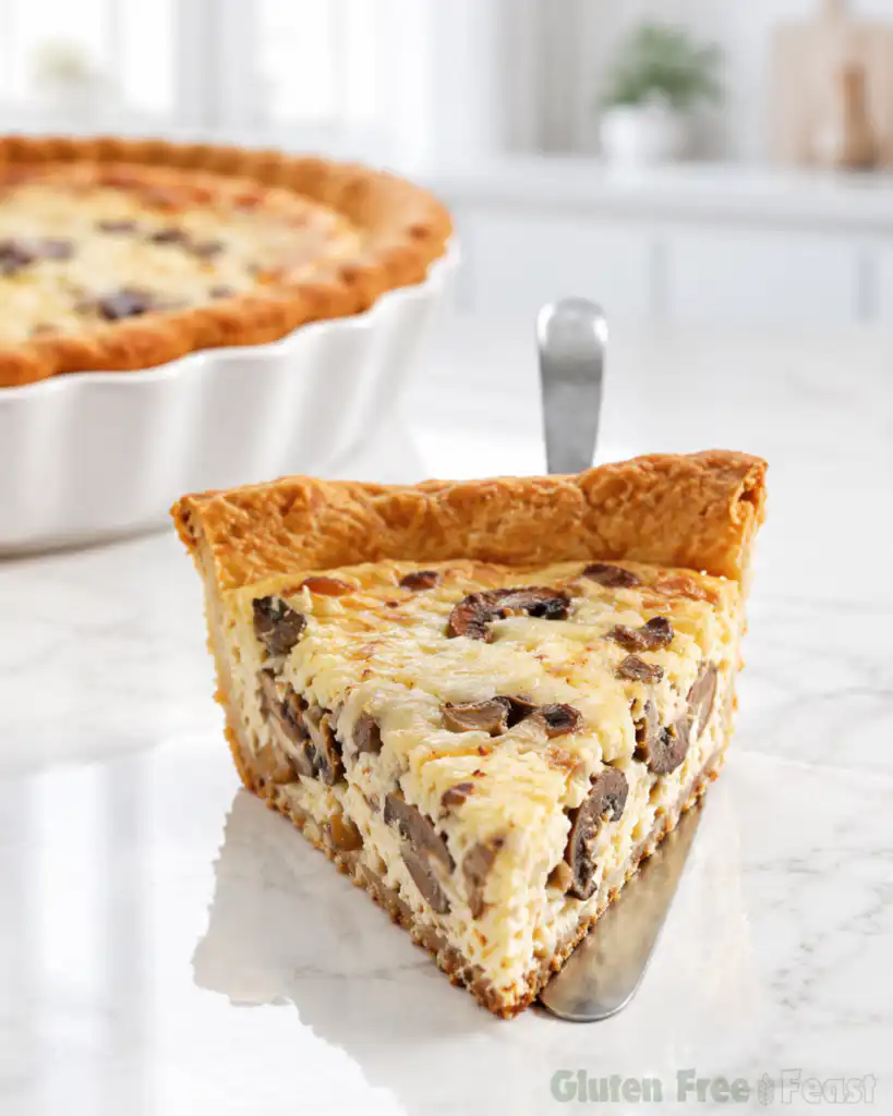 Vertical portrait shot of a slice of gluten free mushroom Gruyere quiche on marble showing the flaky crust and creamy egg custard filling
