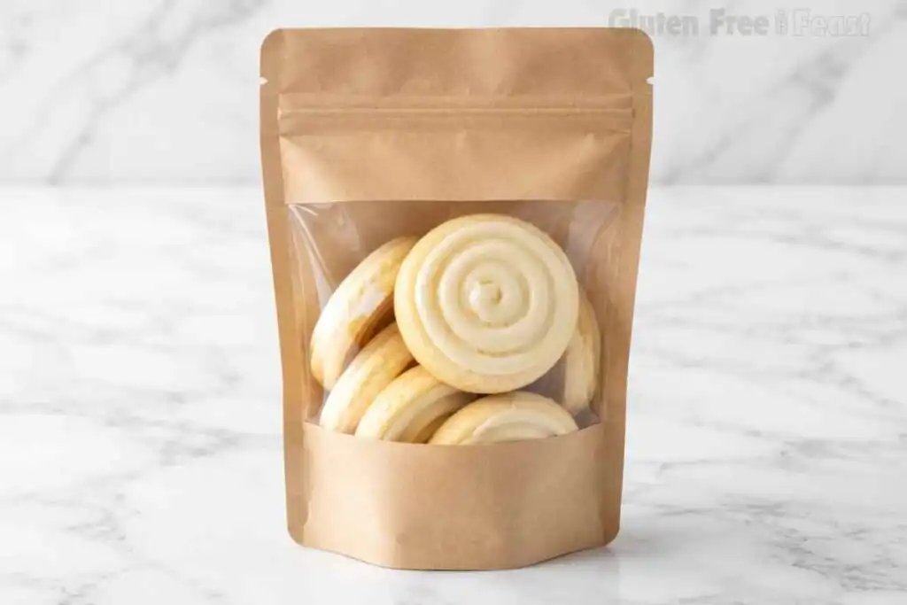 Gluten free sugar cookies with white vanilla frosting swirl, packed in a kraft paper window bag on a marble surface